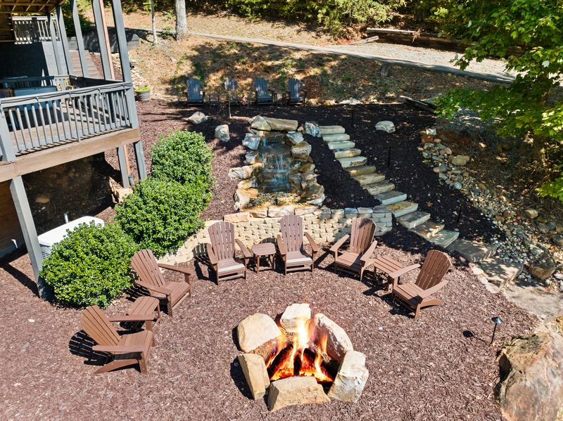 The waterfall and fire pit from above